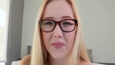 Nerdy teen in glasses gets faceful of cum