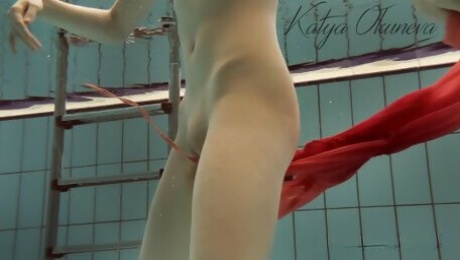 Katya Okuneva Strips In Her Red Lingerie Underwater